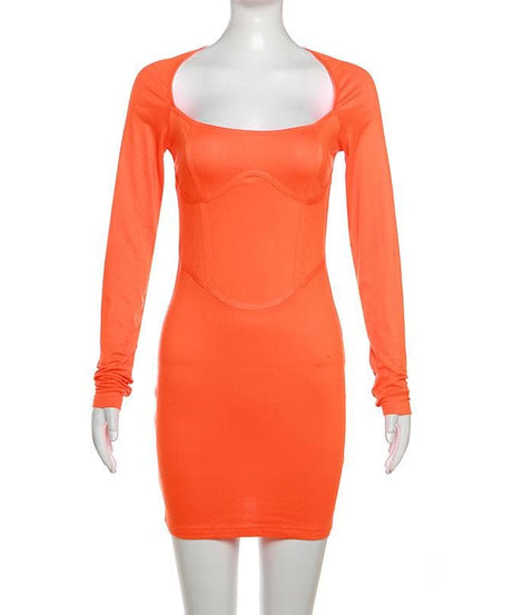 Fiery Orange Corset Detail Bodycon Mini Dress | Square Neck Long Sleeve Fall Party Essential