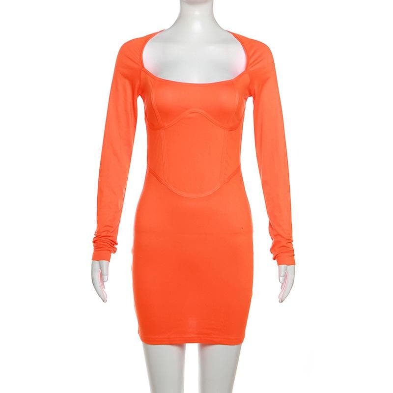 Fiery Orange Corset Detail Bodycon Mini Dress | Square Neck Long Sleeve Fall Party Essential