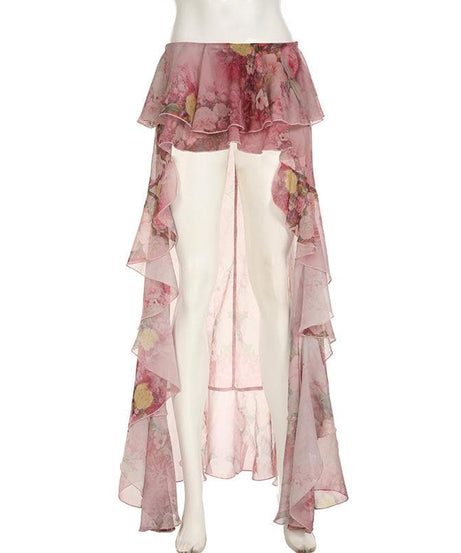 Romantic Floral Ruffle Maxi Skirt - Tiered Chiffon High-Low for Resort & Fall Events