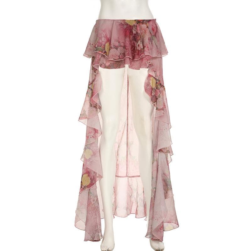 Romantic Floral Ruffle Maxi Skirt - Tiered Chiffon High-Low for Resort & Fall Events