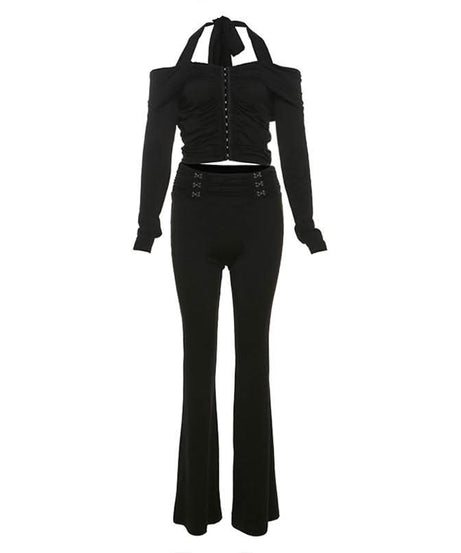 Gothic Glam Halter Off-Shoulder Flared Pant Set - Fall & Holiday Party Ready