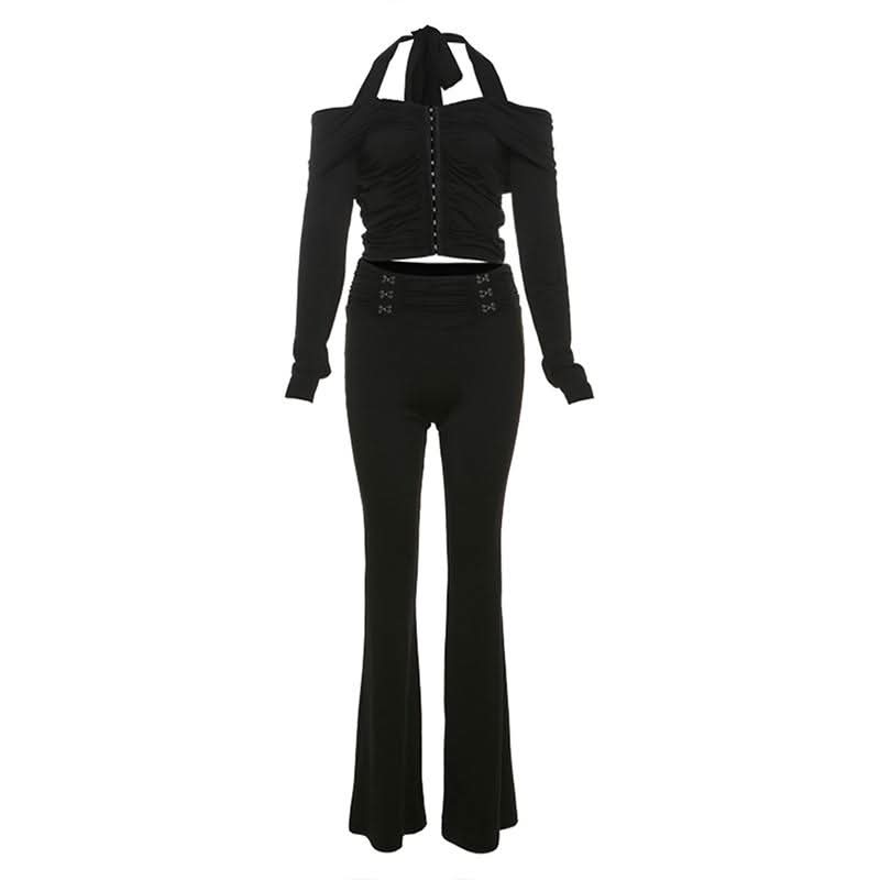 Gothic Glam Halter Off-Shoulder Flared Pant Set - Fall & Holiday Party Ready