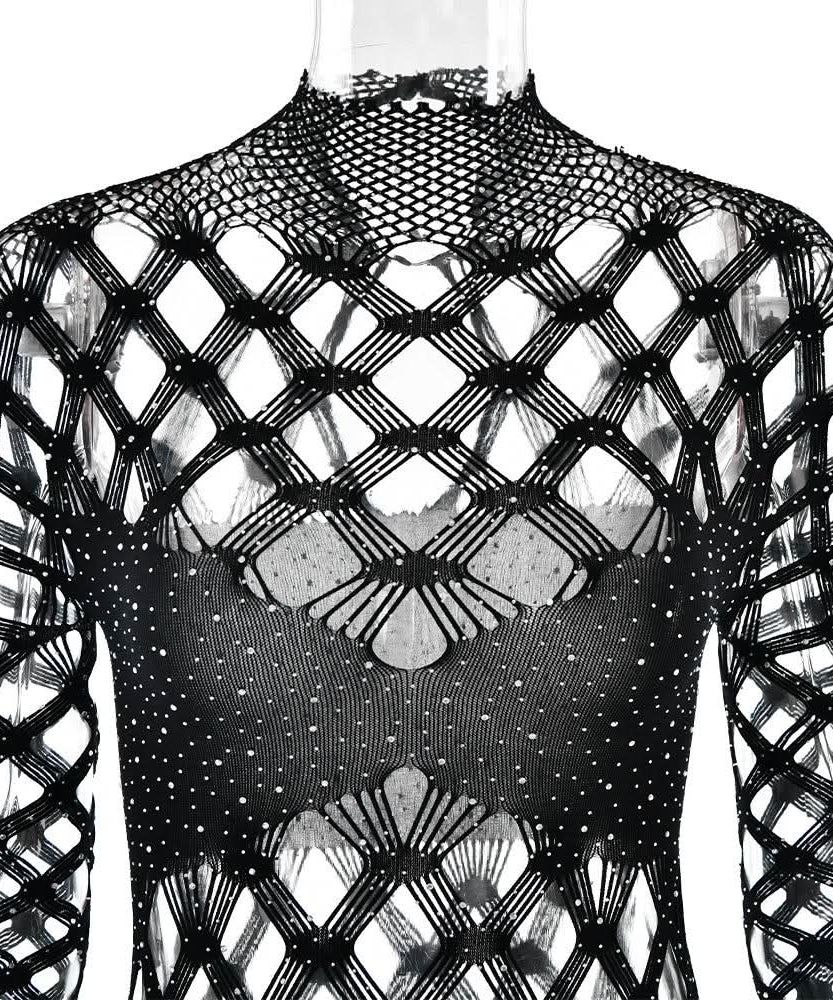 Halloween & Holiday Glam: Dazzling Rhinestone Fishnet Long Sleeve Romper