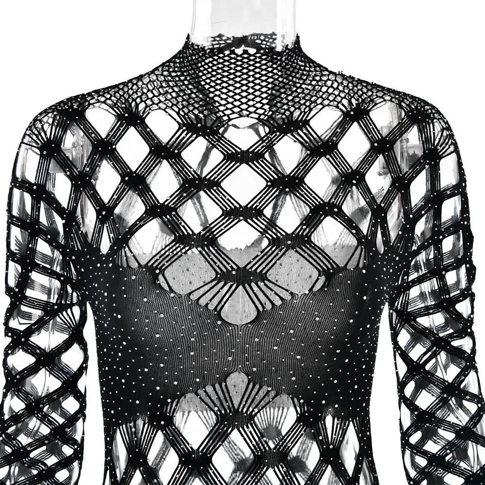 Halloween & Holiday Glam: Dazzling Rhinestone Fishnet Long Sleeve Romper