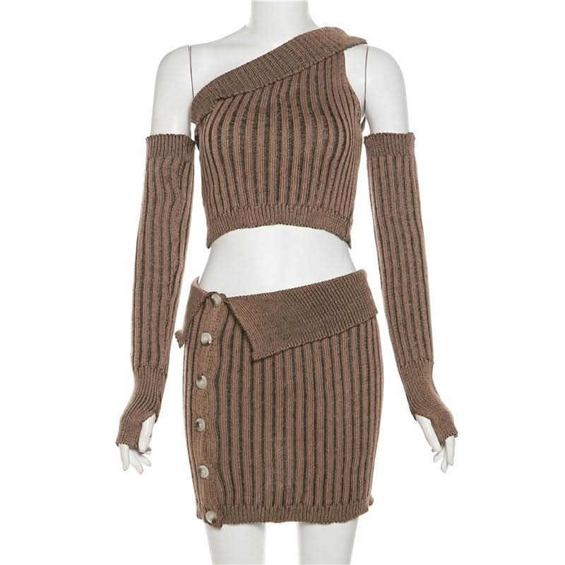 Fall's Must-Have: Chic Chocolate Ribbed Knit Asymmetrical Crop Top & Mini Skirt Set with Arm Warmers
