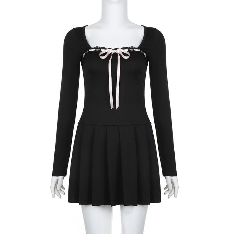 Chic Fall Coquette Black Pleated Mini Dress | Square Neck Long Sleeve & Ribbon Detail