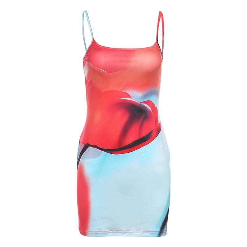 Vibrant Abstract Bloom Bodycon Mini Dress – Red & Blue Statement for Fall Parties