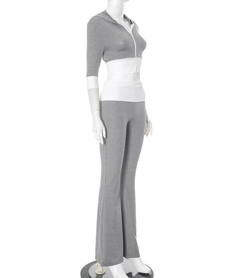 Cozy Fall Flair: Women's Cropped Zip Hoodie & Flare Legging Set - Athleisure Loungewear