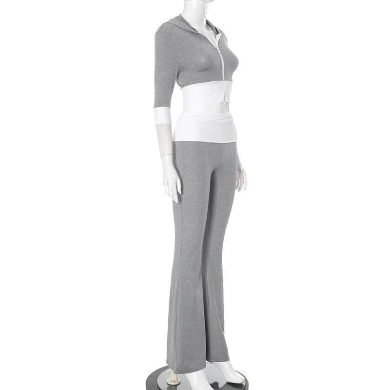 Cozy Fall Flair: Women's Cropped Zip Hoodie & Flare Legging Set - Athleisure Loungewear