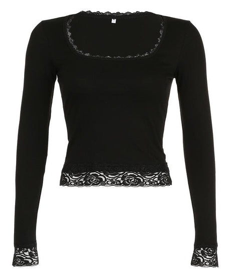 Fall Chic: Black Lace Trim Square Neck Long Sleeve Top | Versatile & Elegant Essential