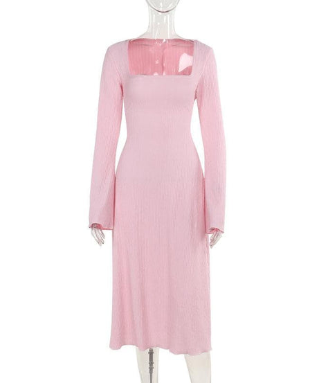 Cozy-Chic Blush Pink Ribbed Knit Midi Dress - Square Neck Long Sleeve for Fall
