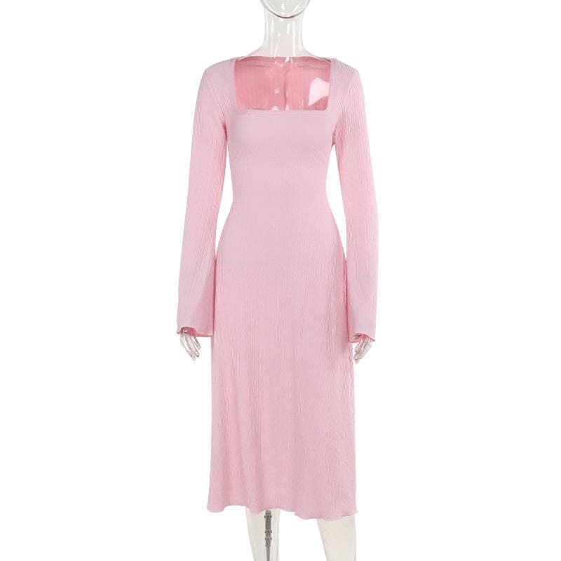 Cozy-Chic Blush Pink Ribbed Knit Midi Dress - Square Neck Long Sleeve for Fall