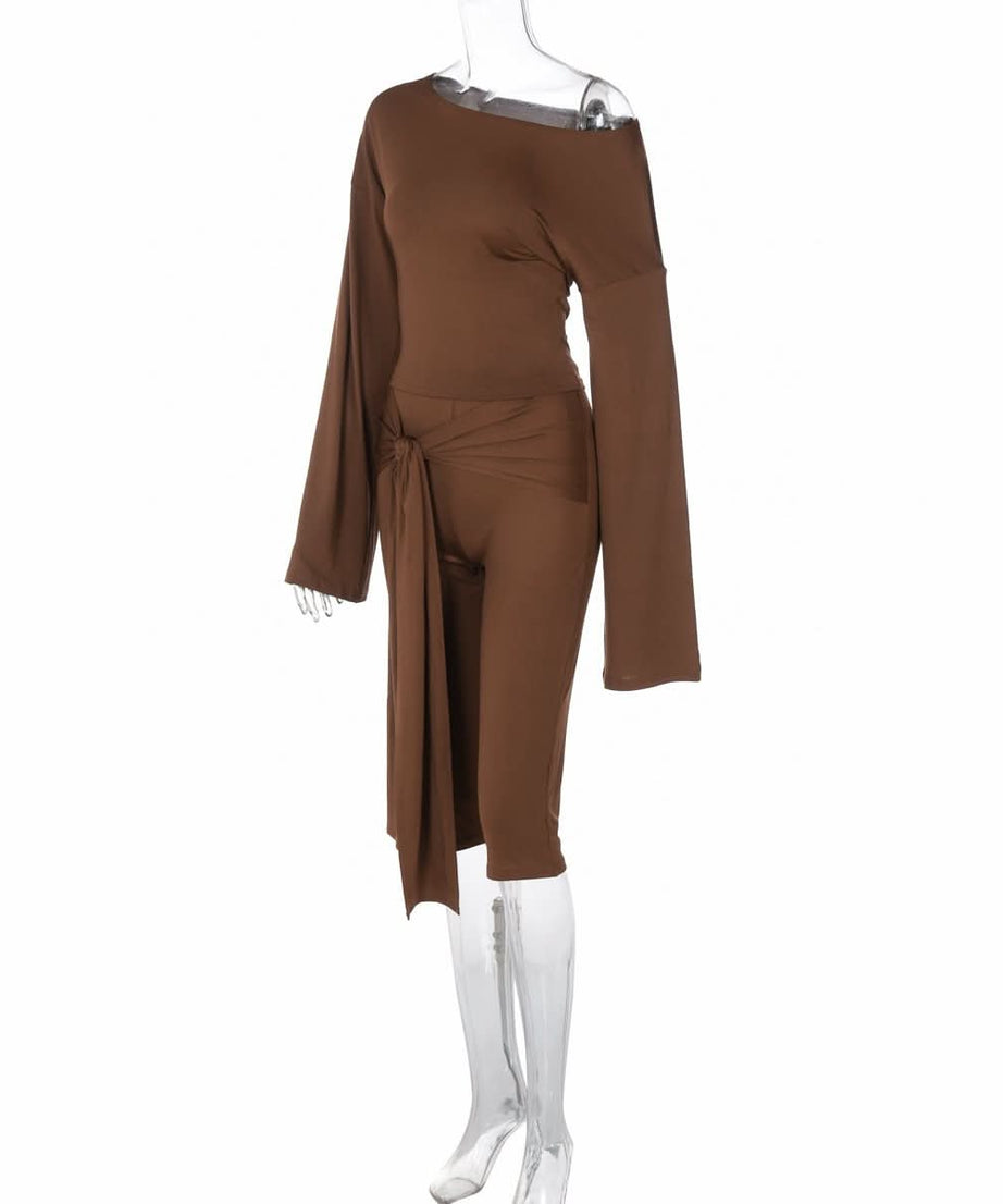 Fall Chic: Off-Shoulder Tie-Waist Luxe Brown Matching Set for Women