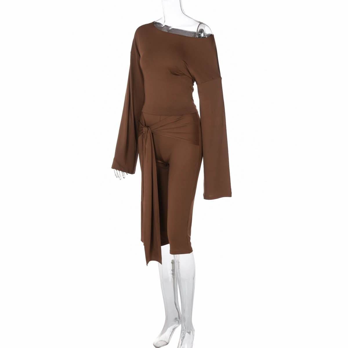 Fall Chic: Off-Shoulder Tie-Waist Luxe Brown Matching Set for Women