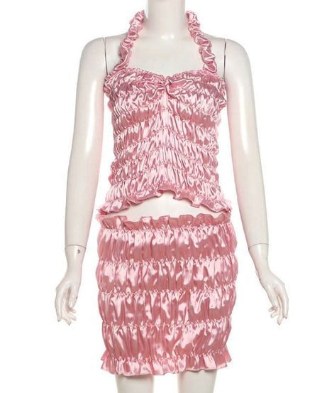 Y2K Barbiecore Pink Ruched Halter Top & Mini Skirt Set - Flirty Party & Halloween Ready