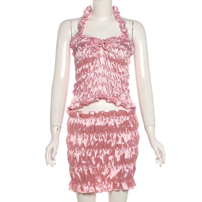 Y2K Barbiecore Pink Ruched Halter Top & Mini Skirt Set - Flirty Party & Halloween Ready