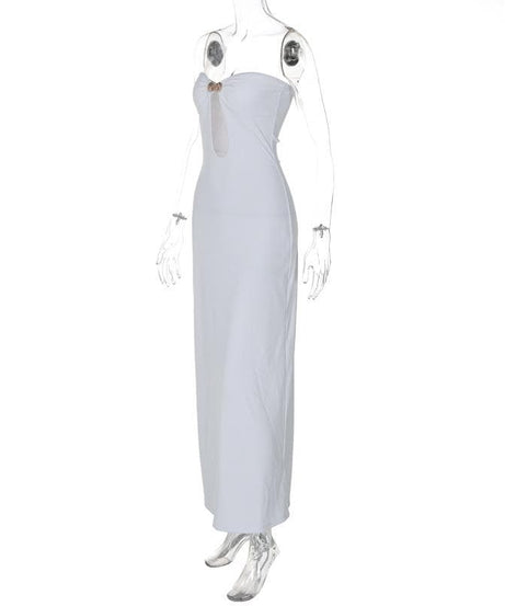 Goddess Chic White Strapless Cut-Out Maxi Dress with Gold Accent – Your Ultimate Resort & Holiday Soirée Statement