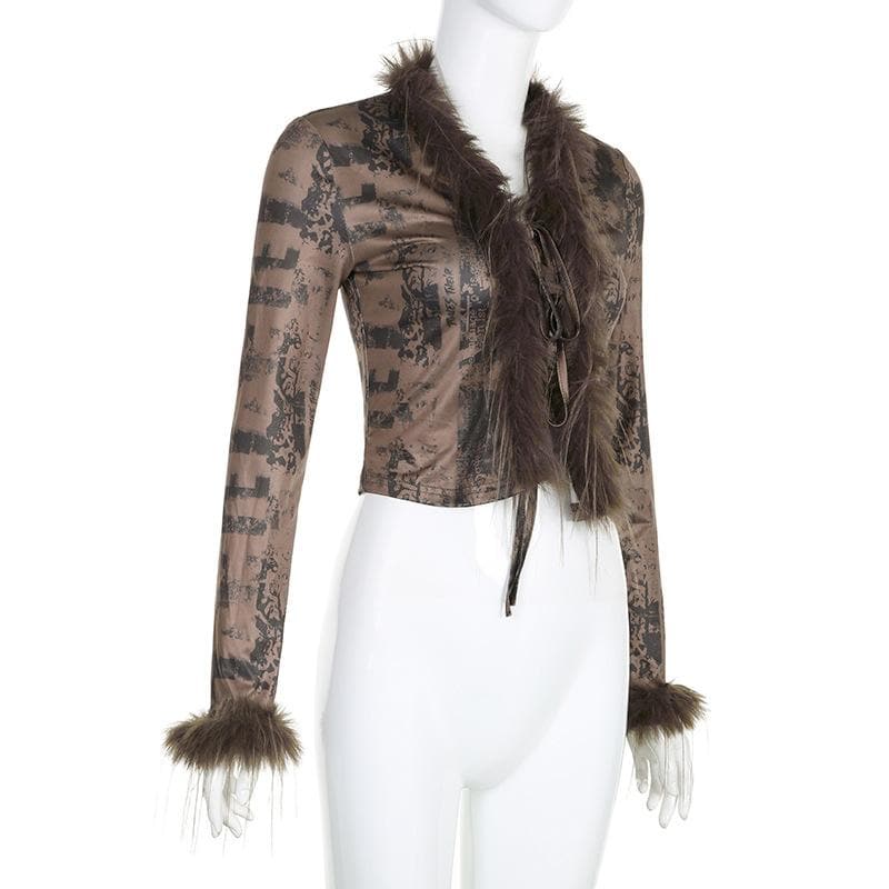 Y2K Glam Feather Trim Tie-Front Crop Top - Fall & Holiday Party Essential