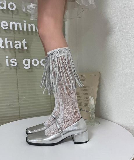 Dazzling Silver Fringe & Lace Ankle Socks – Your Ultimate Holiday Party Statement!