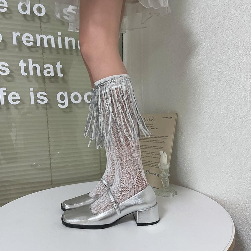 Dazzling Silver Fringe & Lace Ankle Socks – Your Ultimate Holiday Party Statement!