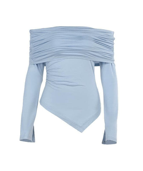 Sky Blue Off-Shoulder Ruched Long Sleeve Top - Asymmetrical Hem for Effortless Fall Style