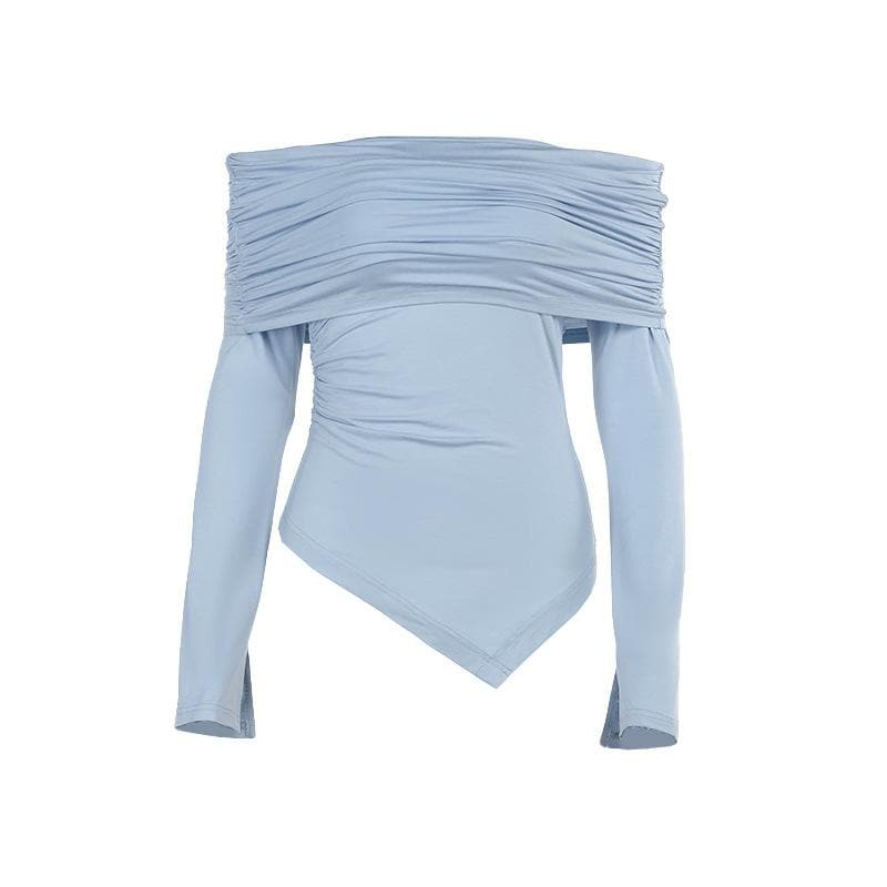 Sky Blue Off-Shoulder Ruched Long Sleeve Top - Asymmetrical Hem for Effortless Fall Style