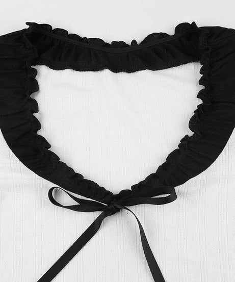 Fall Chic: Sweetheart Ruffle Tie-Front Ribbed Knit Long Sleeve Top