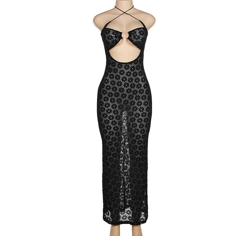 Black Floral Sheer Halter Maxi Dress with O-Ring Cutouts - Y2K Style for Fall Parties & Nights Out