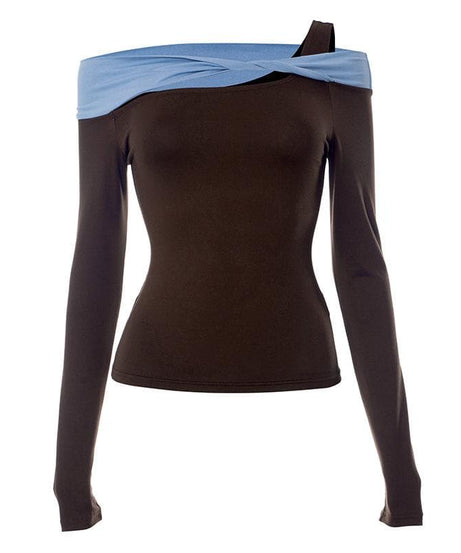 Effortless Chic Asymmetric Off-Shoulder Long Sleeve Top - Trendy Fall Contrast Panel