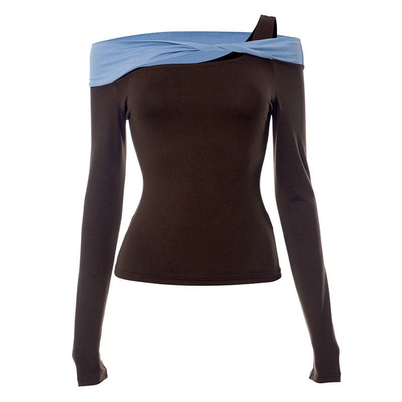 Effortless Chic Asymmetric Off-Shoulder Long Sleeve Top - Trendy Fall Contrast Panel