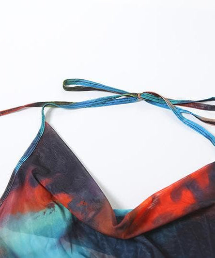 Vibrant Tie-Dye Mesh Maxi Dress – Cowl Neck Halter Backless for Fall Events & Escapes