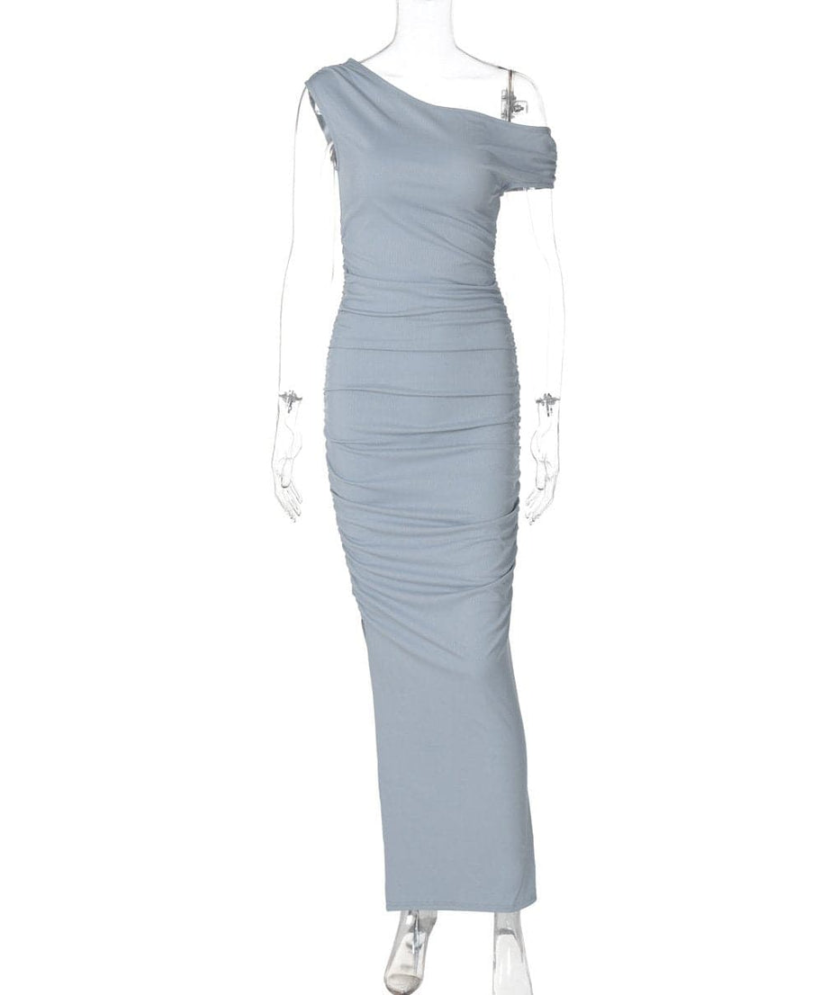 Elevate Your Style: Powder Blue One-Shoulder Ruched Ribbed Maxi Dress – Fall & Holiday Event Ready