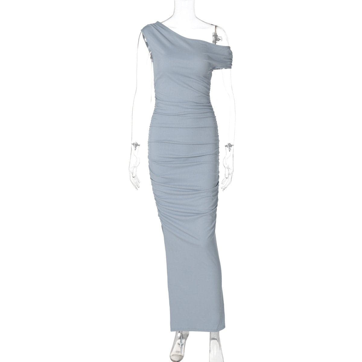 Elevate Your Style: Powder Blue One-Shoulder Ruched Ribbed Maxi Dress – Fall & Holiday Event Ready