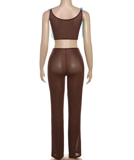 Coquette Dream Sheer Mesh Bow Tie Top & Pants Set | Y2K Fall Fashion