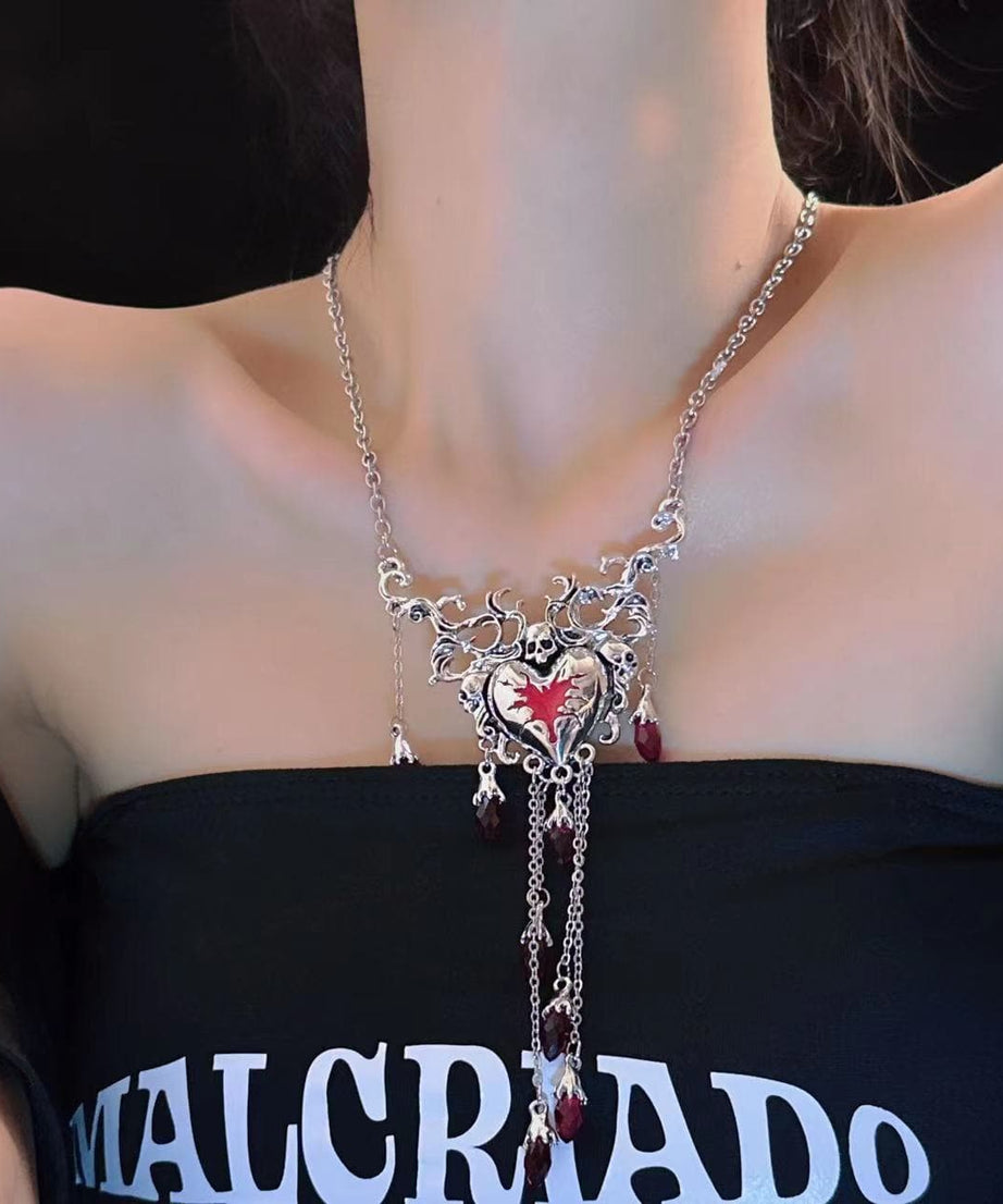 Dark Romance Blood Red Heart & Skull Tassel Necklace - Gothic Halloween & Fall Statement