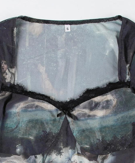 Dark Academia Renaissance Art Print Mesh Bodysuit - Long Sleeve Square Neck Top
