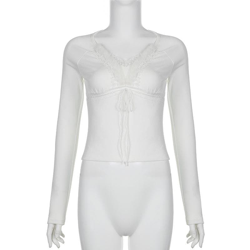 Y2K Chic! Women's Romantic Lace Tie-Front V-Neck Long Sleeve Top - Fall Essential