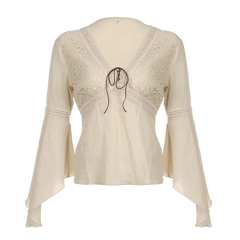Autumn Bohemian Lace V-Neck Bell Sleeve Top | 100% Cotton Tie-Front Blouse