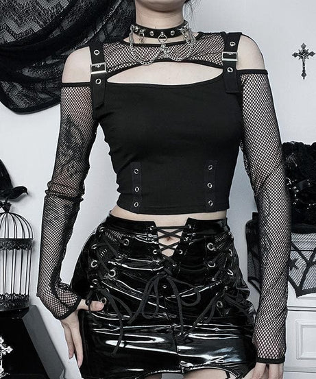 Y2K Alt Fishnet Buckle Crop Top | Off-Shoulder & Cut-Out - Your Edgy Fall & Halloween Essential