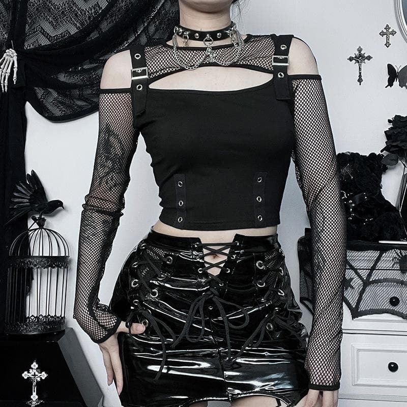 Y2K Alt Fishnet Buckle Crop Top | Off-Shoulder & Cut-Out - Your Edgy Fall & Halloween Essential