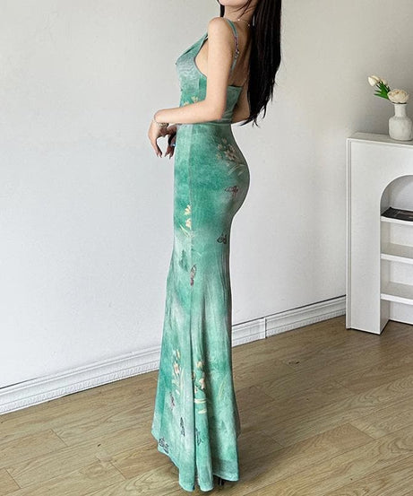 Dreamy Butterfly Print Ruched Mesh Maxi Dress | Cowl Neck & Mermaid Hem for Effortless Fall Style