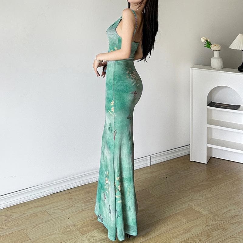 Dreamy Butterfly Print Ruched Mesh Maxi Dress | Cowl Neck & Mermaid Hem for Effortless Fall Style