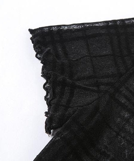 Spooky Chic Plaid Mesh Ruffled Mini Dress & Fingerless Gloves Set – Fall Party & Halloween Ready!