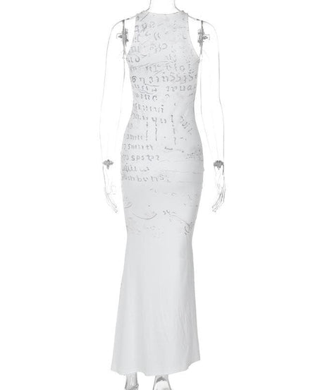 Autumn Archive Print Sleeveless Maxi Dress - Chic Bodycon Crewneck for Effortless Fall Style