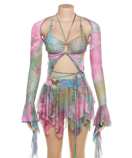 Enchanted Fairycore Tie-Dye Mini Skirt Set - Butterfly Halter Top & Flared Sleeves for Halloween & Rave Parties