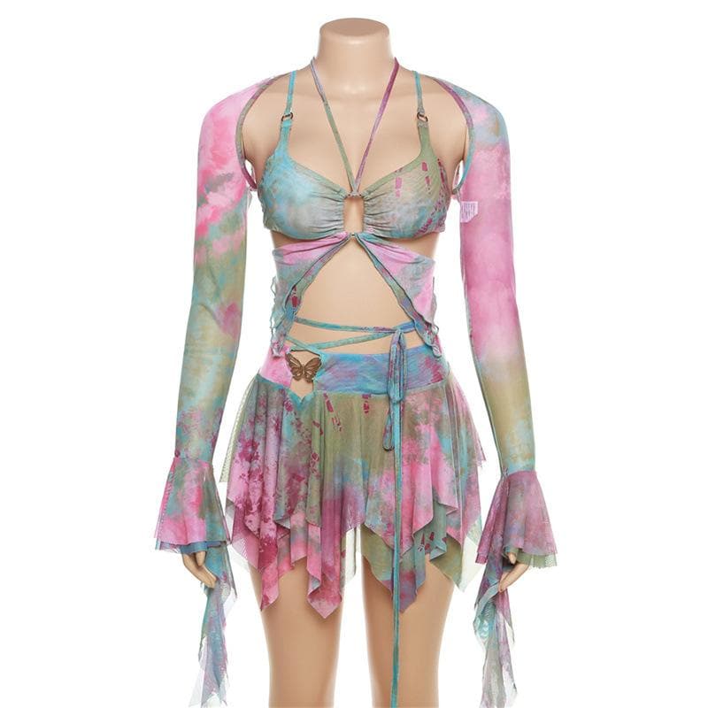 Enchanted Fairycore Tie-Dye Mini Skirt Set - Butterfly Halter Top & Flared Sleeves for Halloween & Rave Parties
