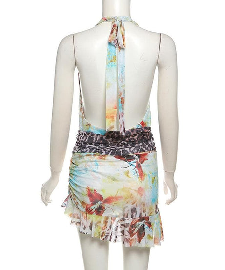 Daring Fall Floral & Leopard Halter Mini Dress - Deep V Mesh Party Style