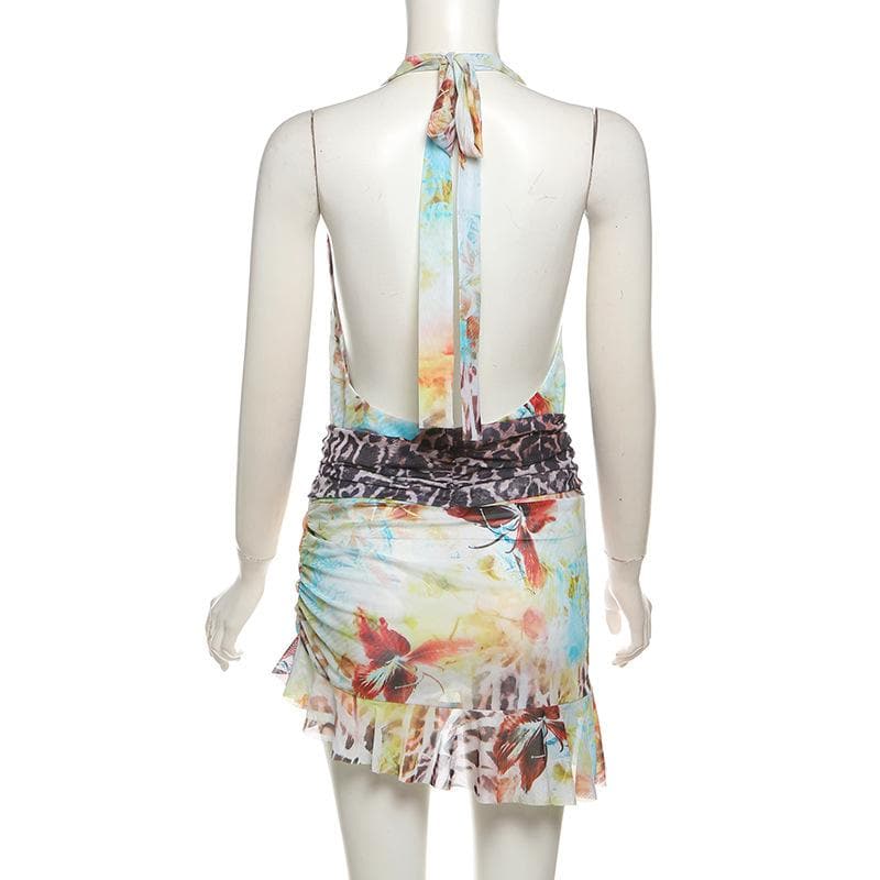 Daring Fall Floral & Leopard Halter Mini Dress - Deep V Mesh Party Style