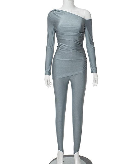 Chic One-Shoulder Ruched Top & Stirrup Leggings Set – Fall & Holiday Party Ready