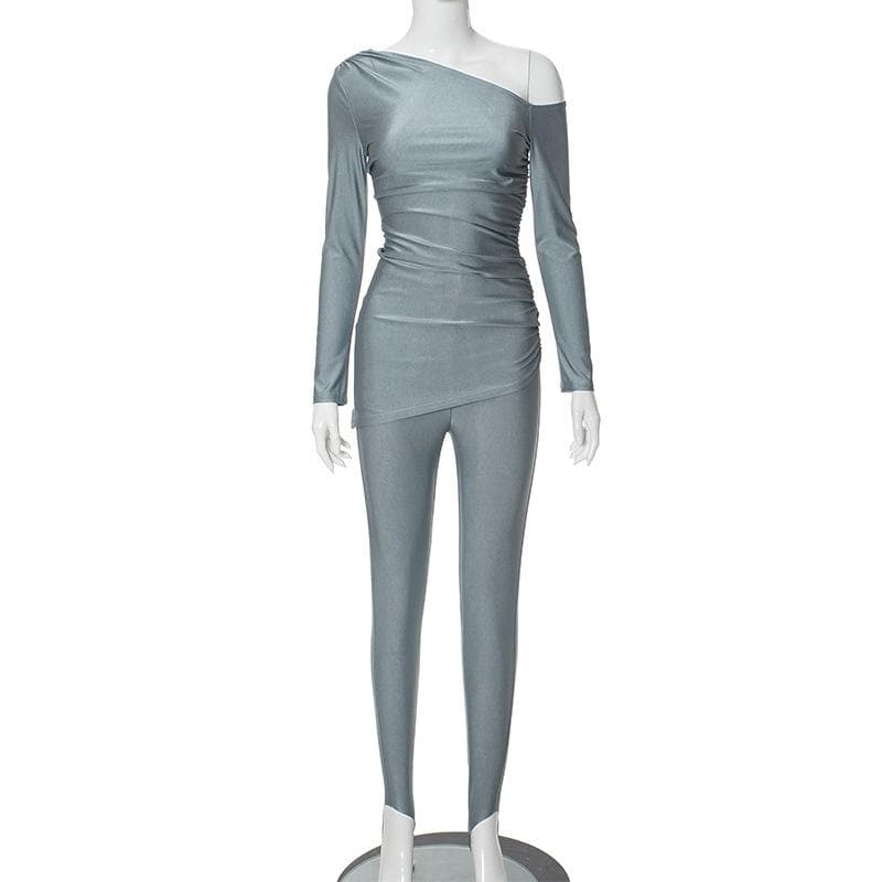 Chic One-Shoulder Ruched Top & Stirrup Leggings Set – Fall & Holiday Party Ready